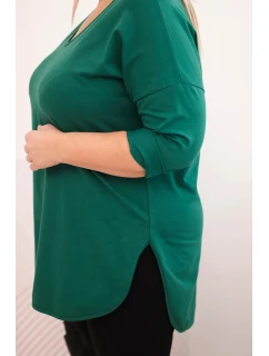 Dámská bavlněná blůza Plus Size s výstřihem do V a ohrnutým rukávem tmavě zelená