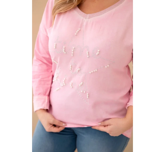 Dámske Plus veľkosť blúzka s potlačou a perlami svetlo ružová Dámske Plus veľkosť blúzka s potlačou a perlami svetlo ružová