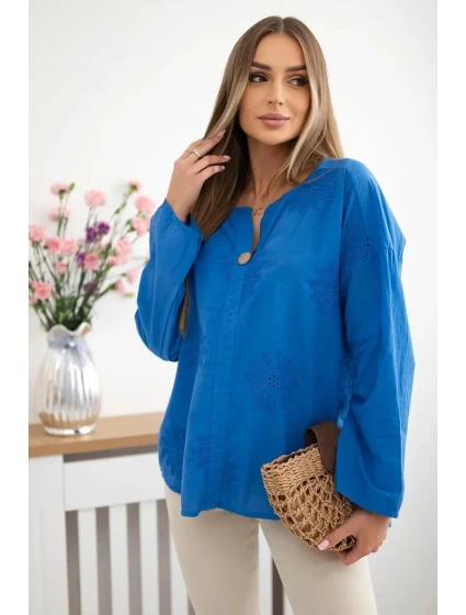 Košeľová blúzka IT-67 s vyšívaným vzorom - chrpová modrá Košeľová blúzka IT-67 s vyšívaným vzorom - chrpová modrá