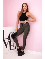 Dámské tepláky s lampasy a vázáním v pase khaki