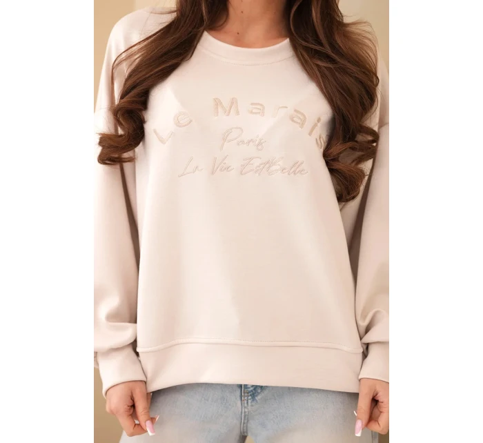 Dámska vyšívaná mikina voľného strihu butter beige