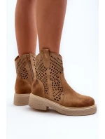 Zazoo 3470 Zamszowe Botki Damskie Na Płaskim Obcasie Ażurowe Beżowe