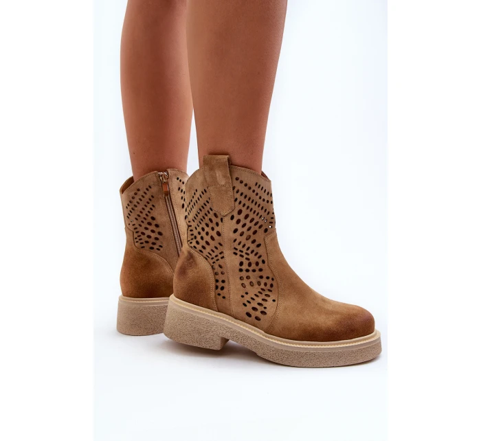 Zazoo 3470 Zamszowe Botki Damskie Na Płaskim Obcasie Ażurowe Beżowe