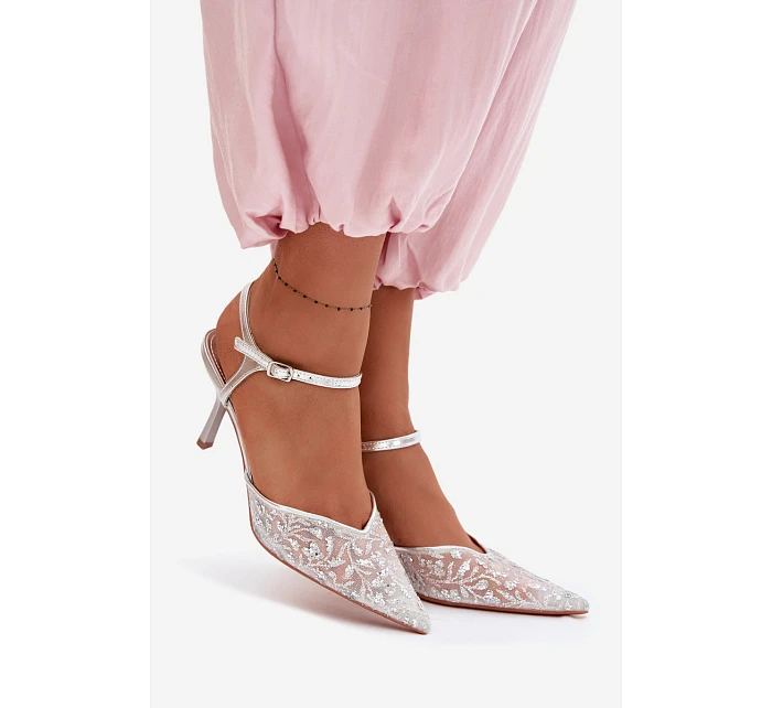 Dámské síťované sandály na jehlovém podpatku se třpytivým zdobením Stříbrné Laria