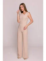 S407 Elegantný overal s asymetrickým výstrihom - béžový