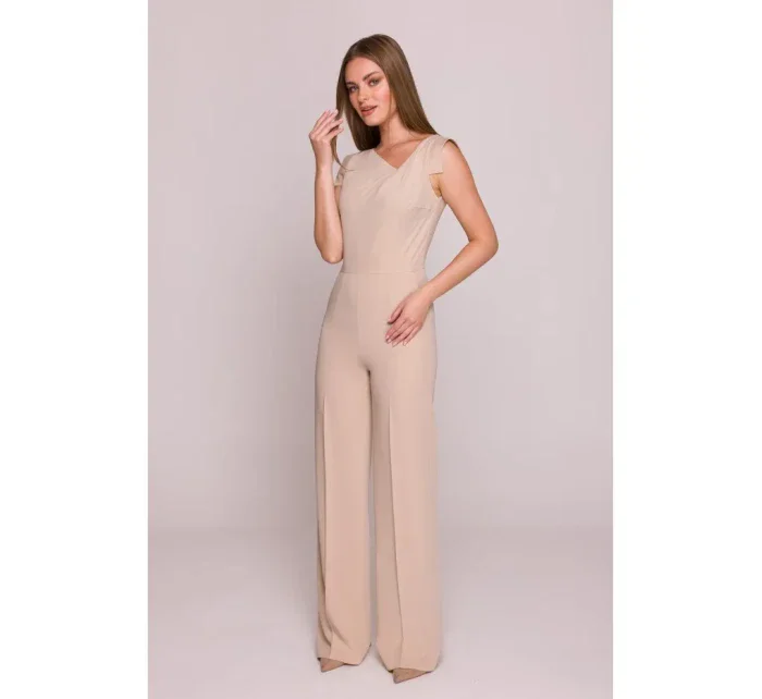 S407 Elegantný overal s asymetrickým výstrihom - béžový