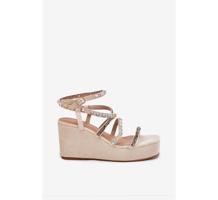 Sandały Damskie Na Koturnie Ze Zdobieniem Na Paskach Beżowe Lunara Sandały Damskie Na Koturnie Ze Zdobieniem Na Paskach Beżowe Lunara