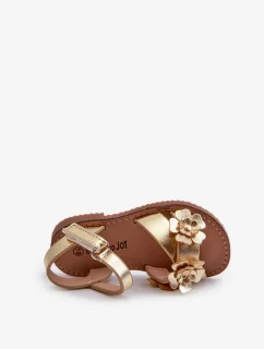 Detské sandále zdobené kvetmi, zapínanie na suchý zips, zlatá fagossa