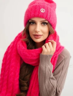 Dámska súprava čiapky a šálu s pruhmi s neónovým ružovým lemovaním