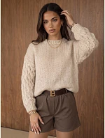 Dámsky oversize sveter s copánkovým vzorom, svetlo béžový, FashionStreet MY2590 Dámsky oversize sveter s copánkovým vzorom, svetlo béžový, FashionStreet MY2590