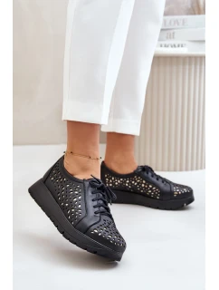 Zazoo 2973 Skórzane Półbuty Na Platformie Z Ażurowym Wzorem Czarne