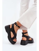 Sandały Damskie Na Platformie I Koturnie Eko Skórzane Czarne Tenzorus Sandały Damskie Na Platformie I Koturnie Eko Skórzane Czarne Tenzorus