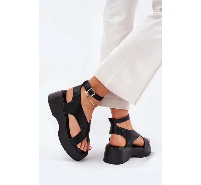 Sandały Damskie Na Platformie I Koturnie Eko Skórzane Czarne Tenzorus Sandały Damskie Na Platformie I Koturnie Eko Skórzane Czarne Tenzorus
