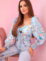 Dámská španělská halenka s květinovým vzorem, dlouhý rukáv modrý