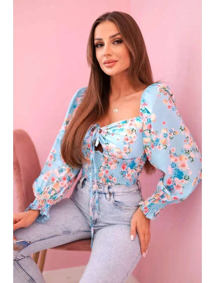 Dámska španielska blúzka s kvetinovým vzorom, dlhý rukáv, modrá