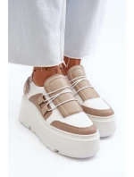 Zazoo 1833 Sneakersy Damskie Skórzane Na Masywnej Podeszwie Beżowo-Białe