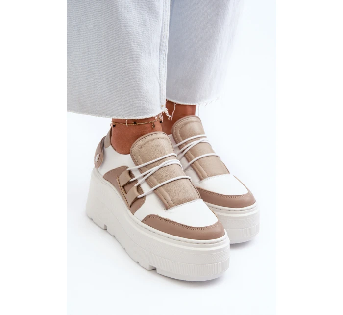 Zazoo 1833 Sneakersy Damskie Skórzane Na Masywnej Podeszwie Beżowo-Białe