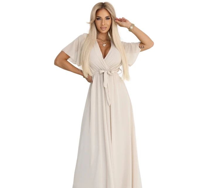 545-3 Dlhé šaty so skladaným výstrihom a spodnou časťou - BEACH 545-3 Dlhé šaty so skladaným výstrihom a spodnou časťou - BEACH