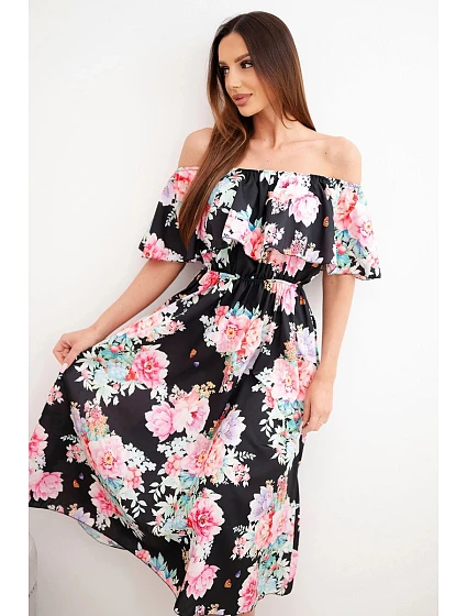 Dámské viskózové šaty model 22148020 střihu s květy černá - K-Fashion