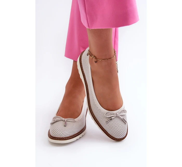 Ażurowe Baleriny Damskie Ze Skóry Naturalnej Maciejka P6509-11 Białe
