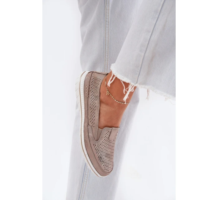 Zamszowe Ażurowe Półbuty Mokasyny Damskie Złote Redileine