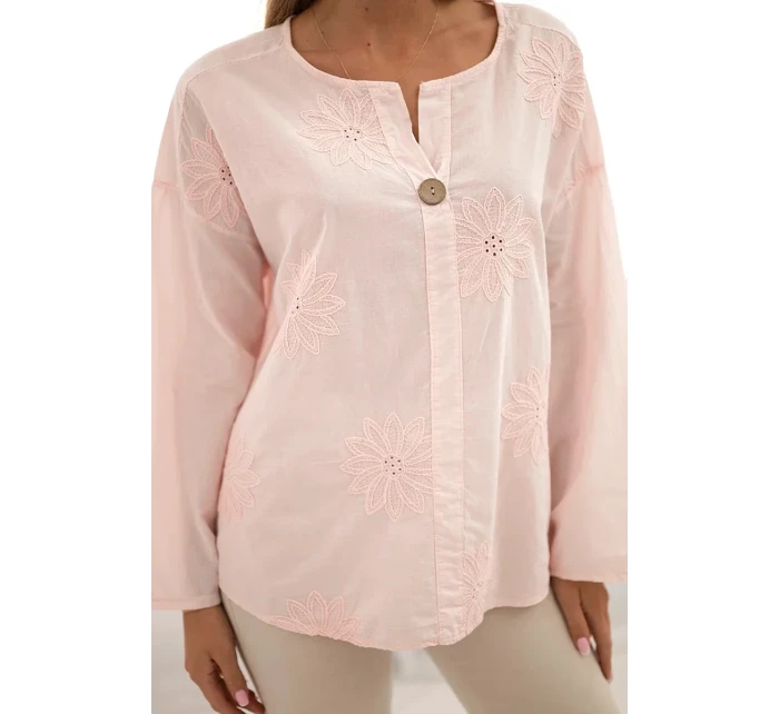 Košeľová blúzka s vyšívaným vzorom púdrovo ružová