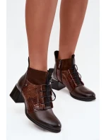 Zazoo 60503 Skórzane Botki Na Obcasie Ocieplane Czekoladowe