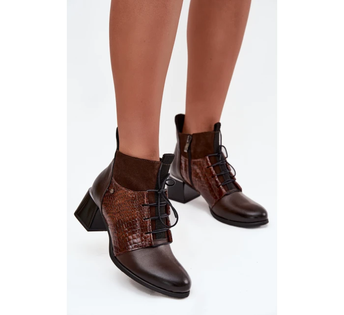 Zazoo 60503 Skórzane Botki Na Obcasie Ocieplane Czekoladowe