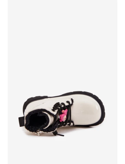 Zateplené detské lakované topánky s príveskom "Miś" - biele Jovellea
