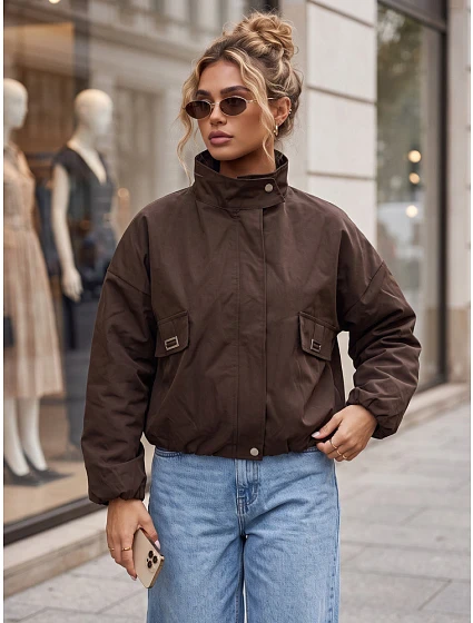 Dámska prechodná bunda typu bomber so stojáčikom, hnedá, FashionStreet TY6022