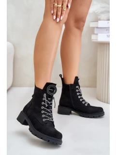 Zateplené kotníkové boty s ozdobným šněrováním model 21675661 Černé - VINCEZA