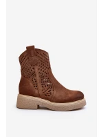 Zazoo 3470 Zamszowe Botki Damskie Na Płaskim Obcasie Ażurowe Brązowe