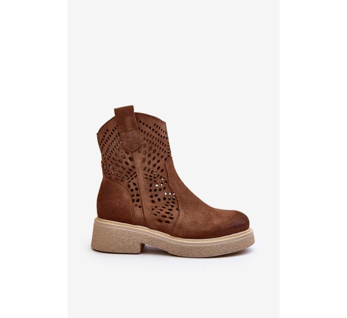 Zazoo 3470 Zamszowe Botki Damskie Na Płaskim Obcasie Ażurowe Brązowe