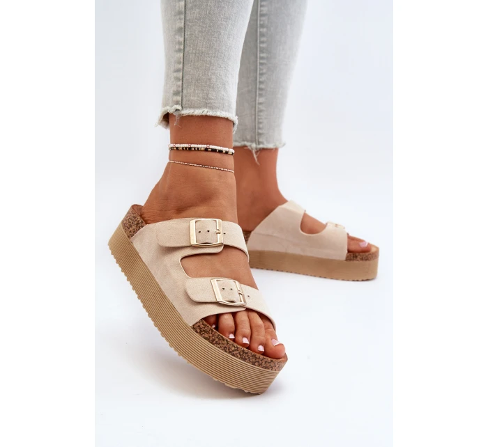 Damskie Klapki Na Platformie Z Klamrami Beżowe Lolpey