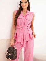 Dámska súprava s uzlíkovou blúzkou a širokými nohavicami ružovej farby