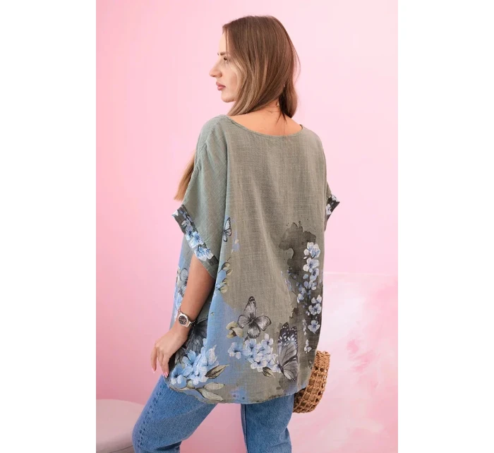 Dámská bavlněná košile s model 22020959 a květinami khaki - K-Fashion