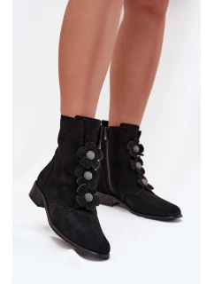 Zamszowe Botki Damskie Z Ozdobnymi Kwiatkami Zazoo 3085 Czarne
