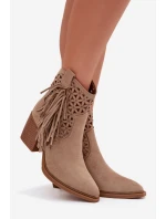Dámské perforované kožené boty s  na s třásněmi Béžové model 22009794 - Boto