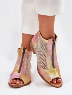 Skórzane Botki Damskie Na Płaskim Obcasie Z Odkrytymi Palcami Maciejka 06413-15 Różowo-Pomarańczowe