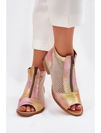 Skórzane Botki Damskie Na Płaskim Obcasie Z Odkrytymi Palcami Maciejka 06413-15 Różowo-Pomarańczowe