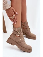 Botki Damskie Z Paskami I Złotymi Klamrami Beżowe Helisse Botki Damskie Z Paskami I Złotymi Klamrami Beżowe Helisse