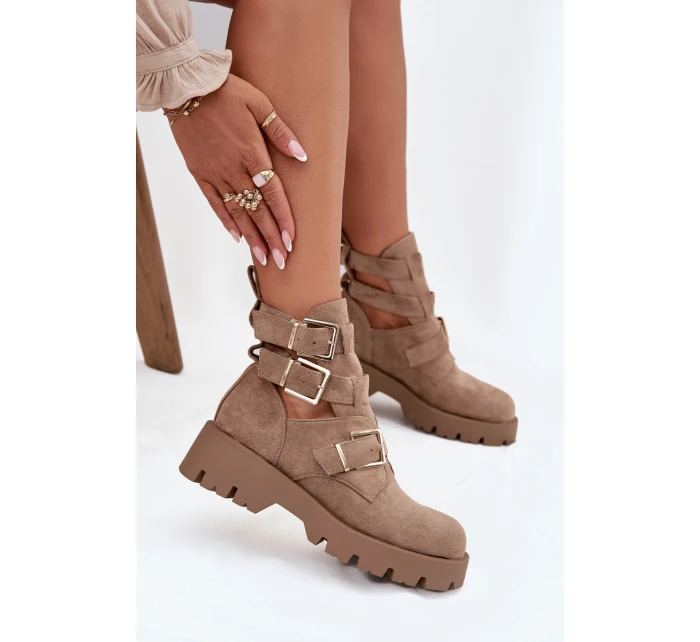 Botki Damskie Z Paskami I Złotymi Klamrami Beżowe Helisse Botki Damskie Z Paskami I Złotymi Klamrami Beżowe Helisse