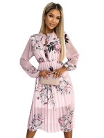 CARLA - Dámske plisované midi šaty s gombíkmi, dlhými rukávmi a so vzorom ruží na pastelovo ružovej ružovej farbe 449-4