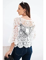 Dámsky bavlnený sveter s krátkym rukávom azura s ozdobným vzorom biely