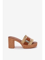 Skórzane Klapki Damskie Na Słupku Z Klamrą I Plecionką Zazoo 40459 Brązowe