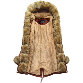 Bavlnená dámska zimná bunda parka v karamelovej farbe s kožušinovou podšívkou (xw793x)