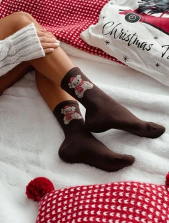 Ženské Vánoční Ponožky Medvěd V čepici Santa Čokoládové