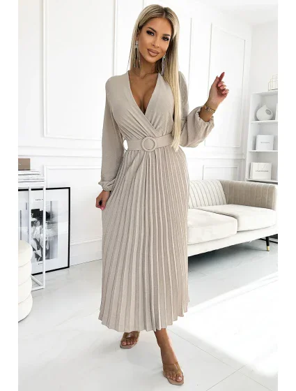 Béžové dámské midi šaty s výstřihem, dlouhými rukávy a širokým opaskem model 19012562 - numoco basic