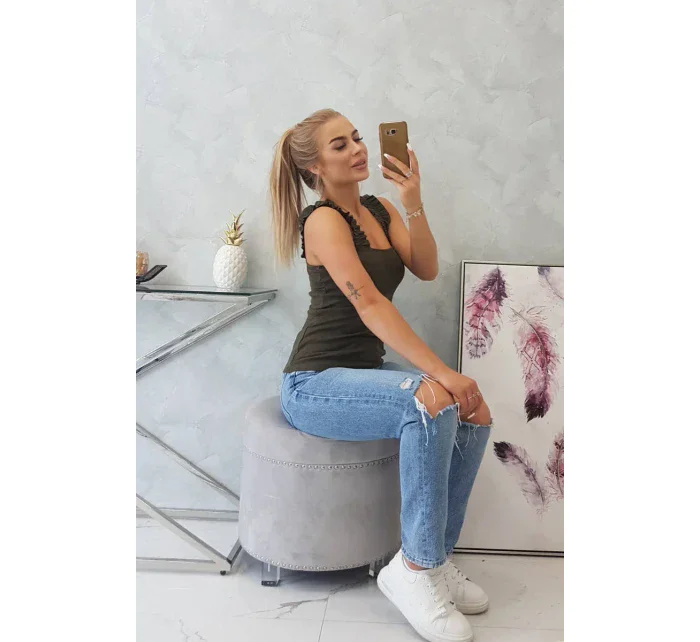 Blúzka s nariasenými ramienkami vo farbe khaki