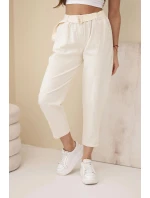 Dámske šnúrové nohavice s opaskom svetlo béžové